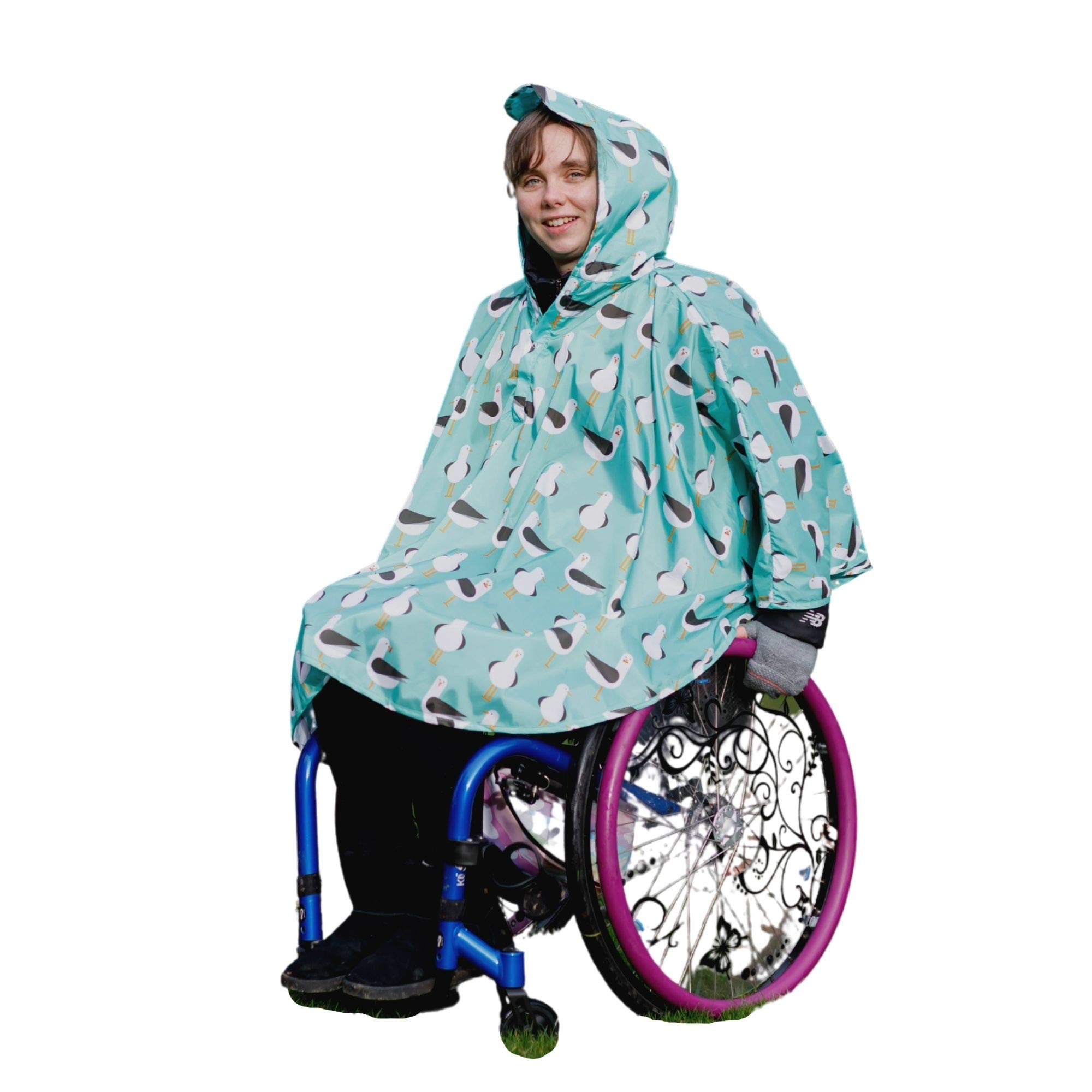BundleBean - Adult Wheelchair Poncho - Comes With Stuff Sac - Universal Fit, Peaked Hood, Easy Poppers Under Chin and Arms -Waterproof Rain Poncho for Ages 11 + Years to Adult (Seagulls)