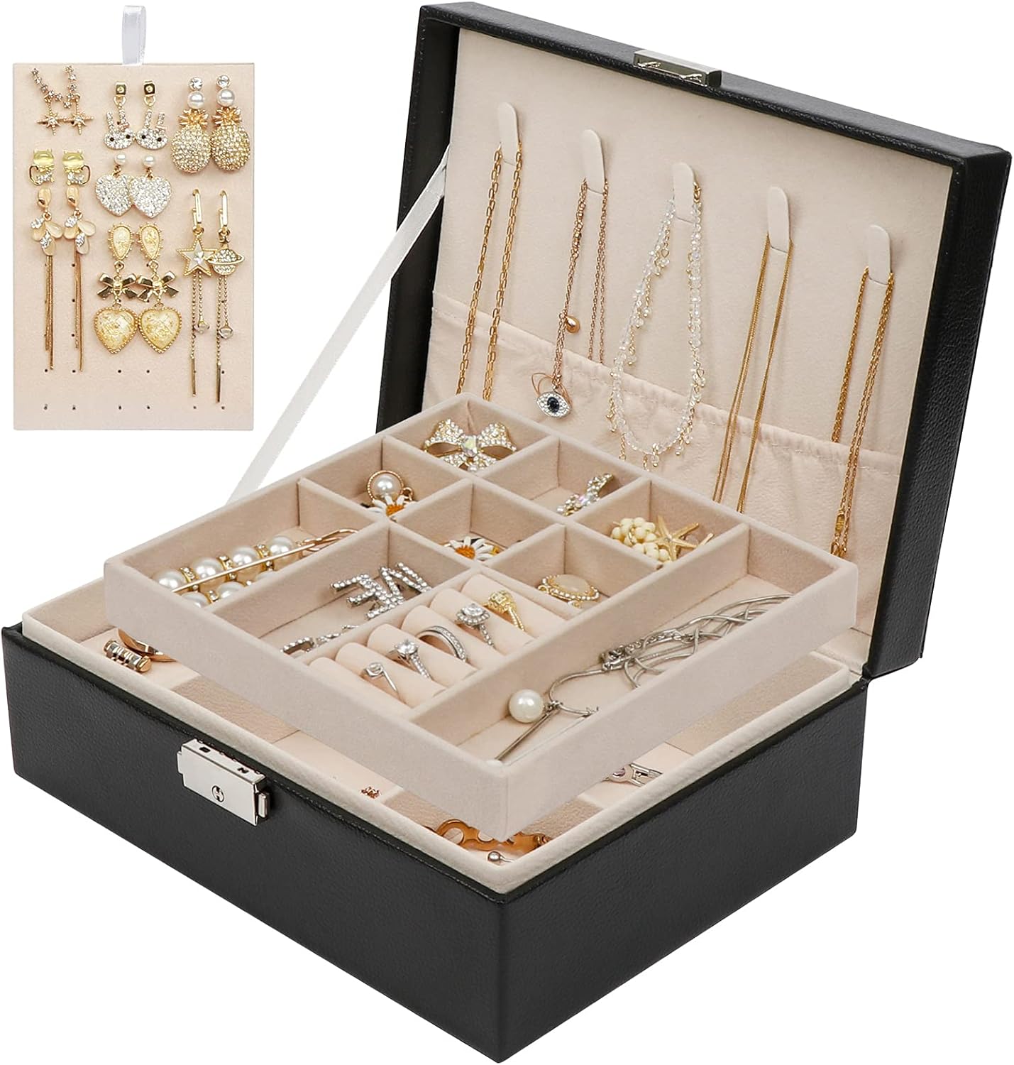 AerWo Jewelry Box for Women, 2 Layer Jewelry Holder PU Leather Jewelry Boxes & Organizers, with Lock and Removable Tray, Jewelry Cases for Storage and Display Rings Necklace Earrings Bracelets Watch: Home Improvement