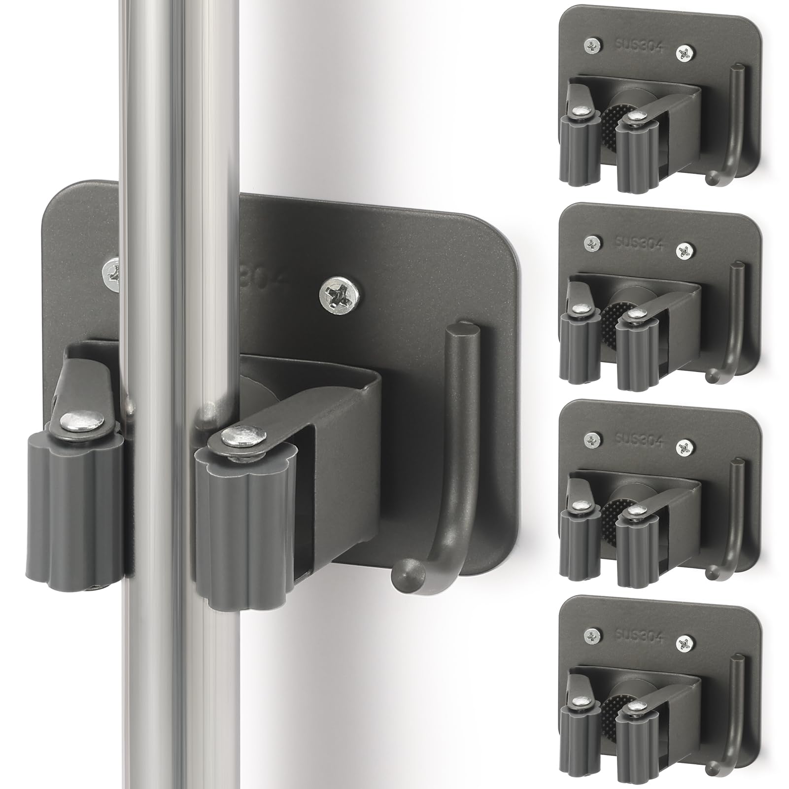 Photo 1 of KLEBV Broom Holder Wall Mount Screw Drilling, Sturdy Heavy Duty Stainless Steel Mop Gripper Rack Perforated, Perfect for Laundry Room Organizer, Fit with Laundry Kitchen Garage Garden Storage System
