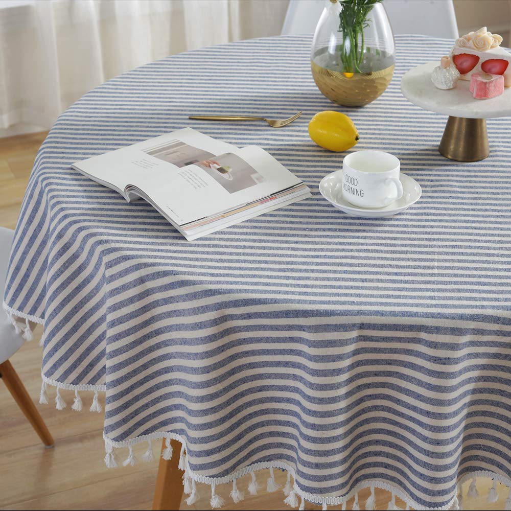 Plenmor Round Tablecloth Stripes Cotton Circular Table Cloth with Tassels for Round Table Round Table Cover for Coffee Picnic Outdoor (Round, 140cm, Blue)