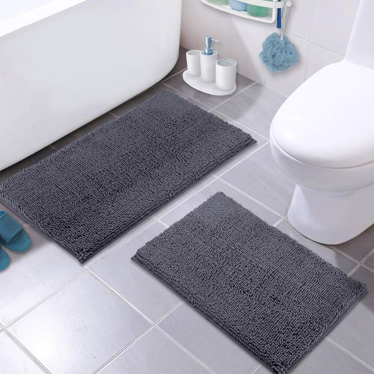 LuxUrux Bathroom Rug Set–Extra-Soft Plush Bath mat Shower Bathroom Rugs,1'' Chenille Microfiber Material, Super Absorbent (Rectangular Set, Dark Grey): Home & Kitchen