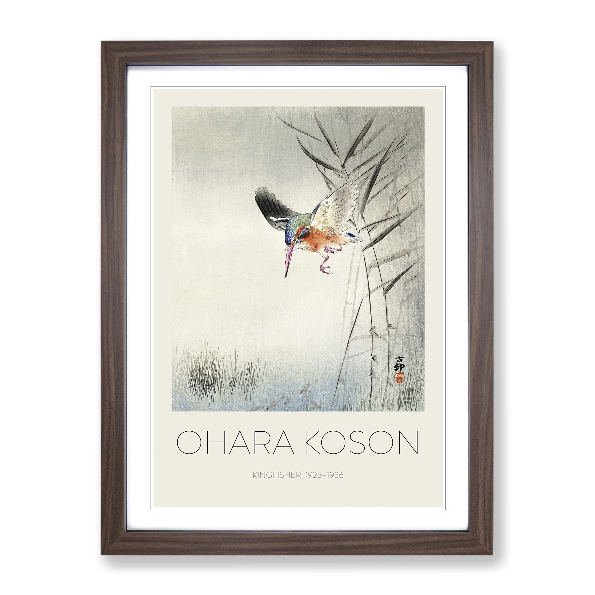 Hunting Kingfisher By Ohara Koson Exhibition Museum Asian Japanese Framed Wall Art Print, Ready to Hang Picture for Living Room Bedroom Home Office Décor, Walnut A4 (34 x 25 cm)