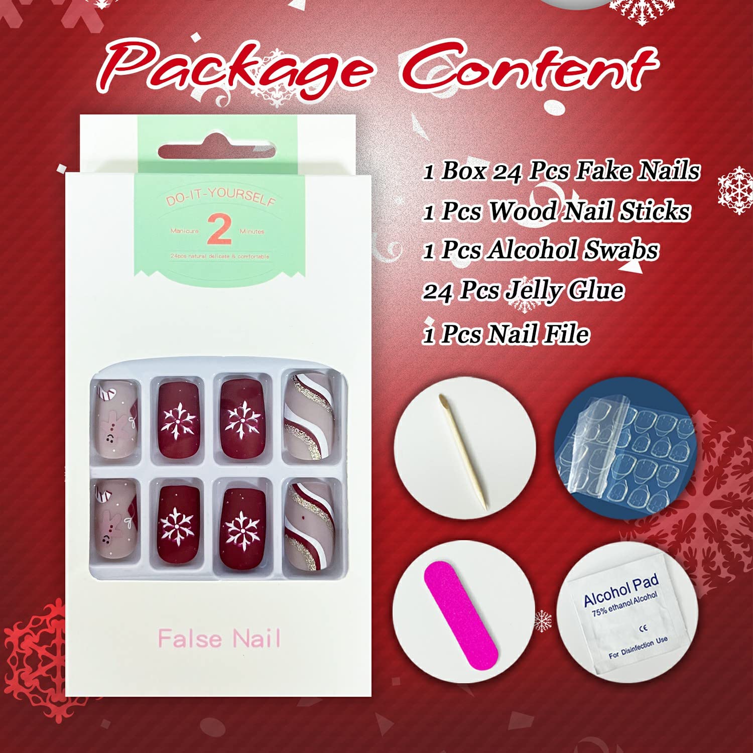 Christmas Press on Nails Short Red Square Fake Nails Winter Snowflake Acrylic False Nails with Design Swirl Matte Full Cover Artificial Glue on Nails Winter Nail Decorations for Women Girls - Image 2