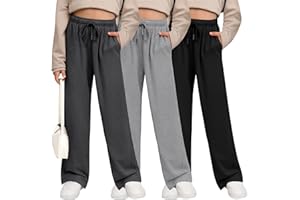 LessonZoo 3 Pack Girls' Sweatpants Wide Leg Drawstring Casual Kids Joggers Open Bottom Loose Solid Teen Pants with Pockets