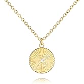 14K Gold Necklaces for Women Gold Pendant Necklace Circle Round Pendant Necklace Bold Round Disc with a Center Cubic Zirconia and Sunray Engravings Dainty Disc Necklaces for Women Trendy