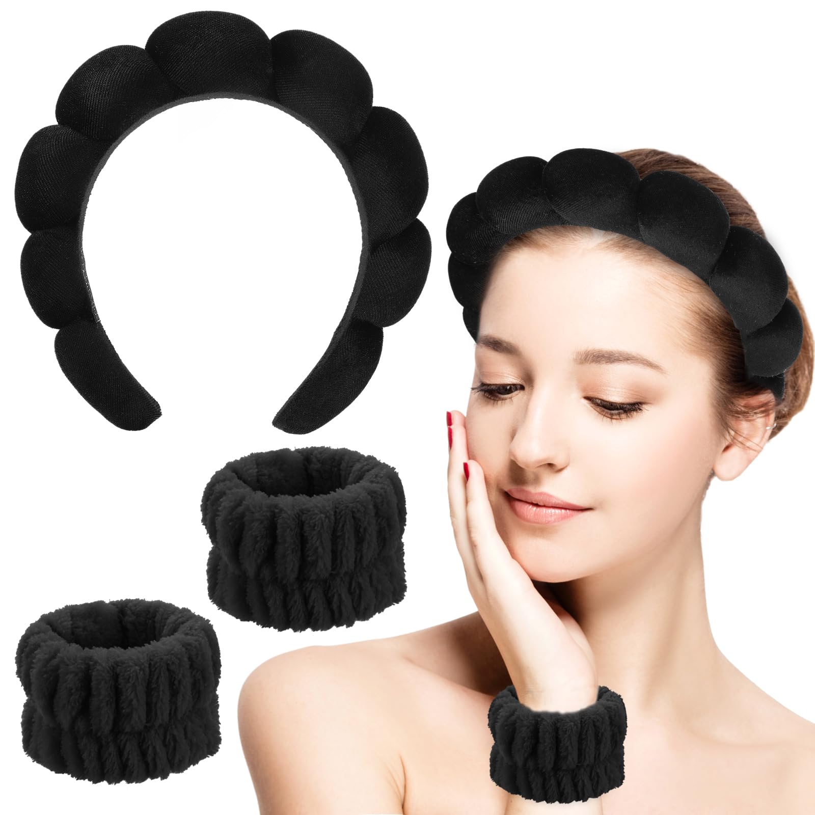 Sibba 3Pcs Sponge Spa Headband for Women, Soft Makeup Headband and Wrist Washband Set Skincare Headbands, Terry Cloth Bubble Hairband for Face Washing, Makeup Removal, Spa, Yoga, Sports, Shower(Black) — image 1