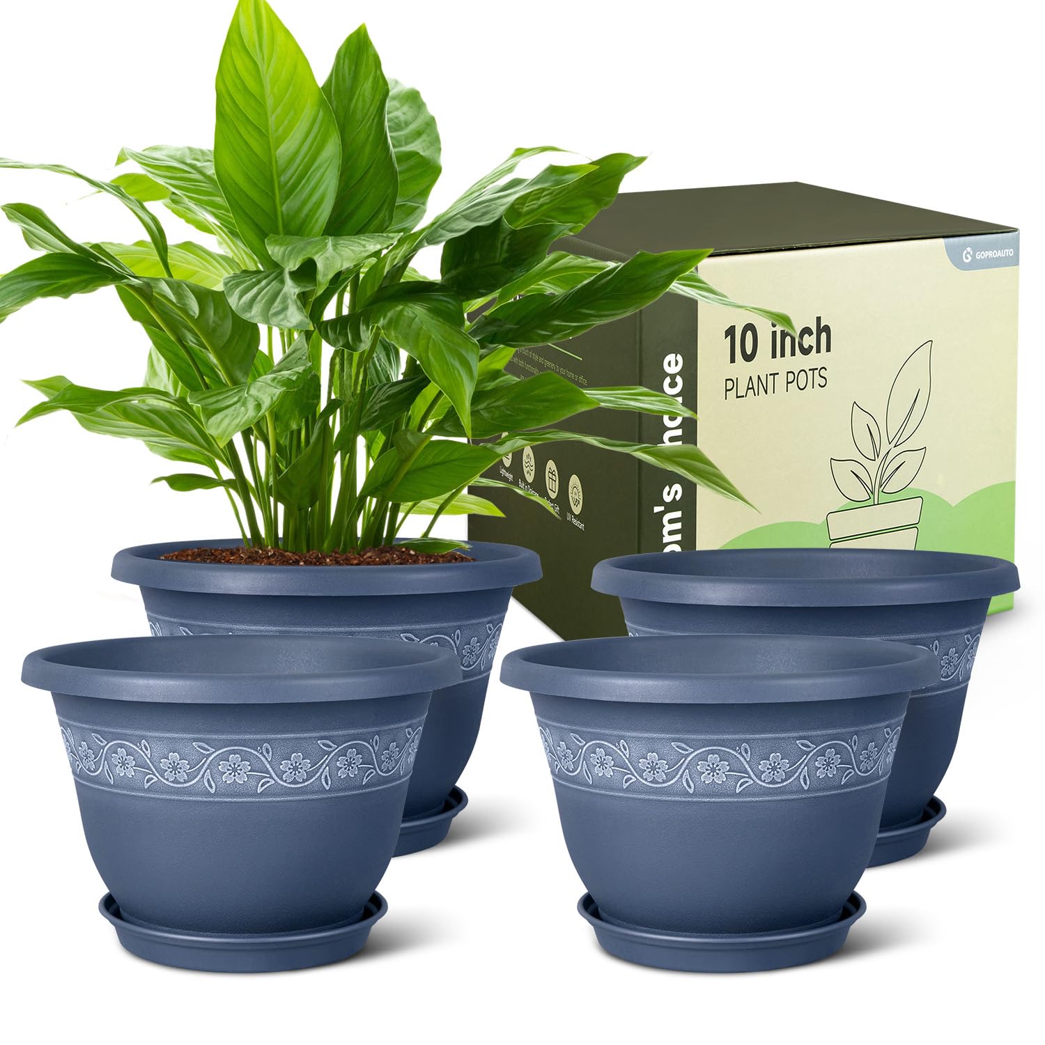 Photo 1 of Goproauto 10 Inch Plant Pots with Drainage Hole - Lightweight Flower Pots for Herbs and Flowers - Home Decor Plastic Planters for Indoor Outdoor Plants- Pack of 4 (Blue, 10 inch)