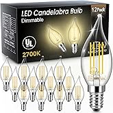 TJOY E12 LED Candelabra Bulb Dimmable, 60W Equivalent LED Chandelier Light Bulbs, 5.5W 2700K Soft Warm White 600LM CA11 Flame Tip Vintage Filament Candle Light, 12 Pack