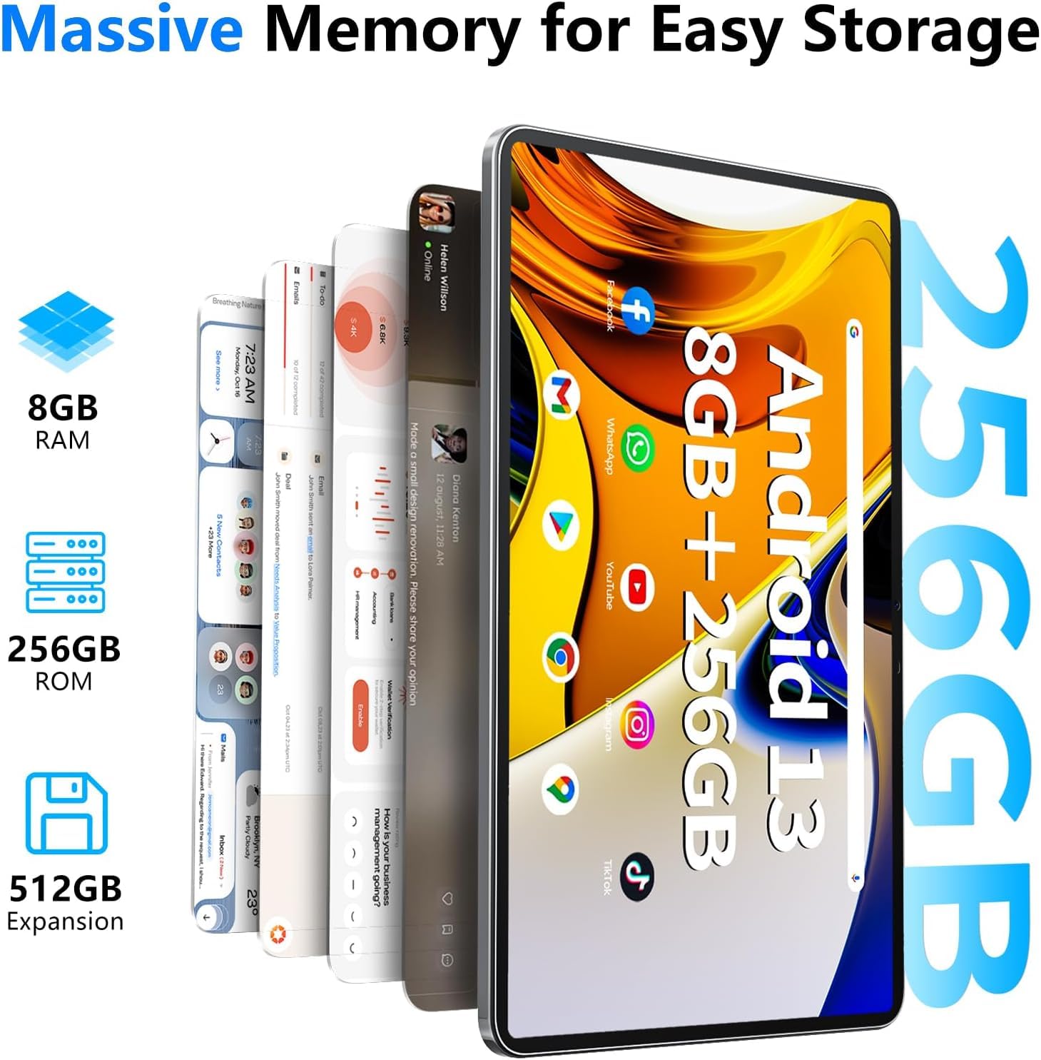 Android Tablet 12 Inch with 8GB RAM 256GB ROM, Octa-Core 2.0Ghz Processor, 2000 * 1200 FHD IPS Touch Screen, 5MP+13MP Dual Camera, 8000mAh Battery, 2K Android 13 Tablet, 5G WiFi, Bluetooth 5.0,GPS