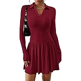 NALANISA Women's Long Sleeve Casual Dress 2025 Fall Lapel Collar V Neck Knit A Line Pleated Swing Cocktail Party Mini Dresses