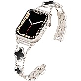 wipalor Four-leaf Clover Band Fit Apple Watch Bands for Women 42mm 41mm 40mm 38mm, Thin iWatch Bands for Women, Metal Bling Cute Bands for Apple Watch Series 11 10 9 SE 8 7 6 5 4 3-Starlight/Black