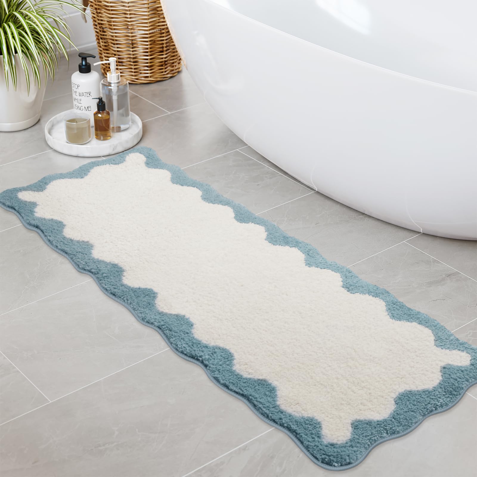 Photo 1 of ** SIMILAR IMAGE UNKNOWN SIZE OR BRAND***Uphome Bathroom Rug Runner, White Cute Long Bathroom Rug with Blue Irregular Shaped Absorbent Non Slip, 18x47 Machine Washable Soft Shaggy Microfiber Bath Mat for Floor, Tub, Shower