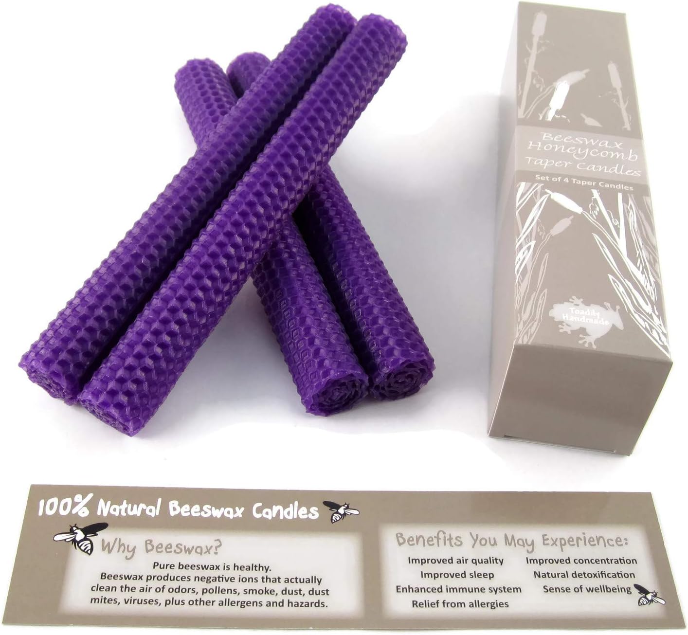 Two Pair (4 Candles) of Hand Rolled 8" Beeswax Taper Candles in Purple - 100% Beeswax Honeycomb Candles with Cotton Wick - Arrives in a Beautiful Gift Box!