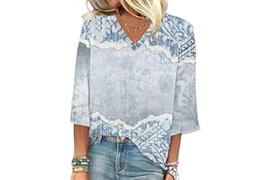 WJDNHKYD 3/4 Length Sleeve Womens Tops 2024 Floral Print Vintage Casual Loose with Round Neck Plus Size Shirts