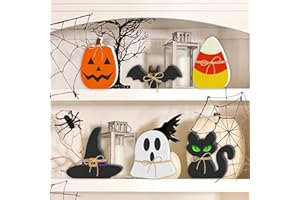 LAIRYAN 6PCS Halloween Wooden Decor - Halloween Decorations Wooden Signs Include Pumpkin Ghost Bat Black Cat Witch Hat Candy Corn Freestanding Table Signs Tiered Tray Decor for Rustic Farmhouse Home Mantle