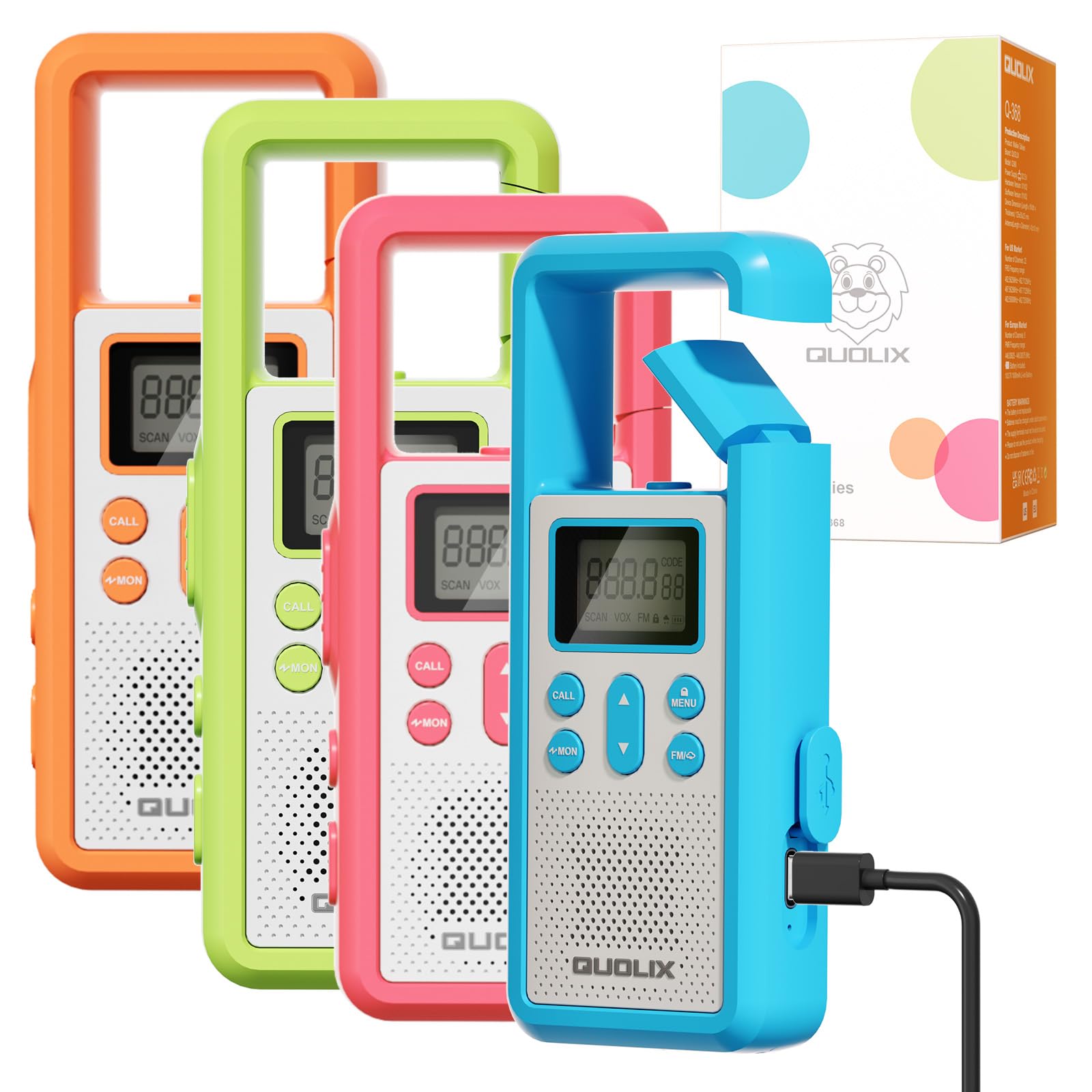 QUOLIX Kids Walkie Talkies Rechargeable, 8 Channels Long Range Walkie Talkies for Boys Girls Ages 3-12, Camping Hiking Toys with SOS/VOX/Torch, Birthday Gift for Kids, 12H Battery & USB Charging