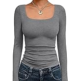 Trendy Queen Womens Long Sleeve Shirts Crop Tops Fall Fashion Solid Square Neck Going Out Basics Tees Y2k Clothes