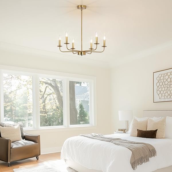 JZQWCK MODERN FARMHOUSE GOLD CHANDELIER FOR DINING ROOM, 6 LIGHTS RUSTIC CANDLE GOLD CHANDELIER LIGHT FIXTURE ADJUSTABLE HEIGHT CEILING HANGING LIGHTING FOR LIVING ROOM, KITCHEN, ENTRYWAY, FOYER