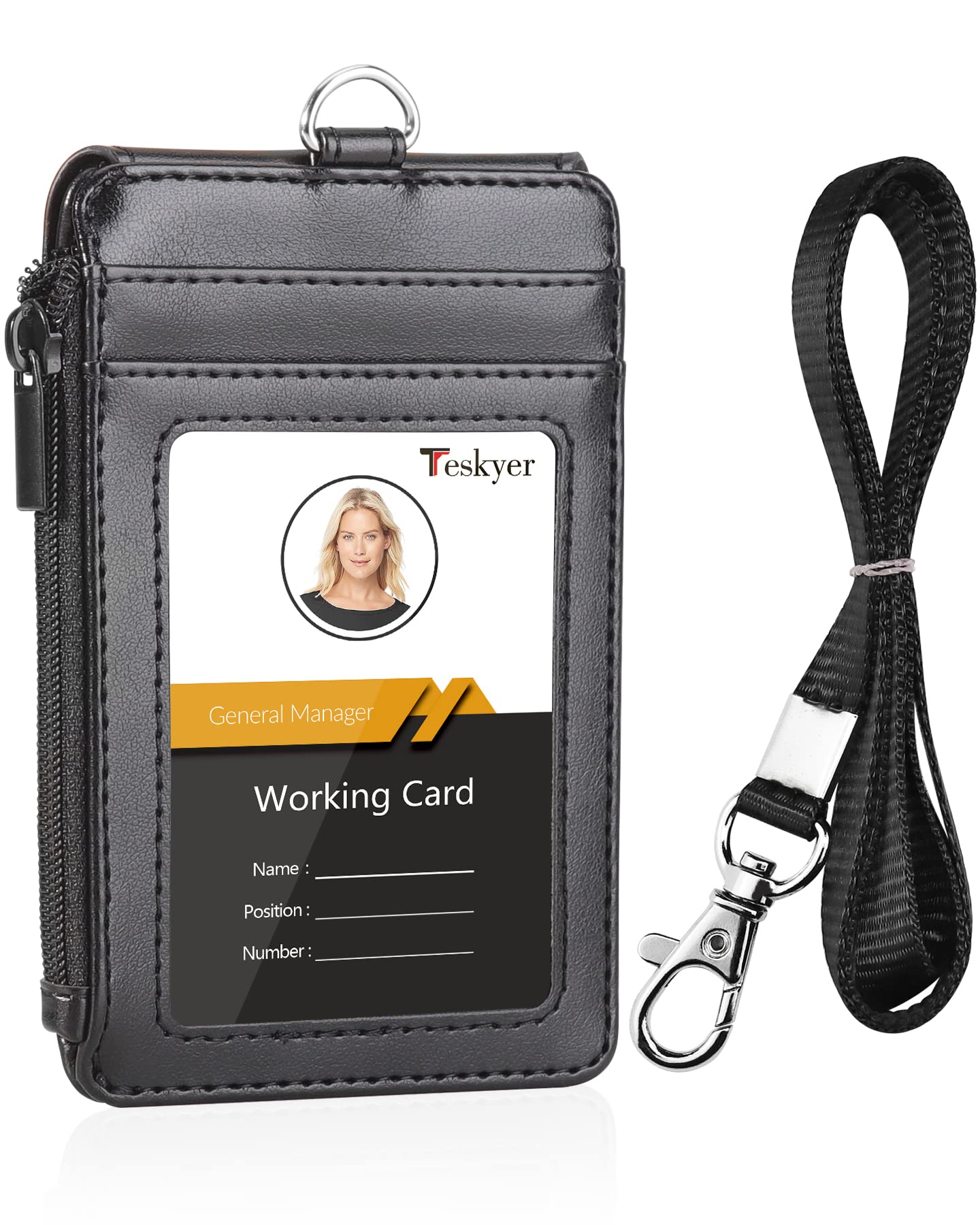 Teskyer Badge Holder with Lanyard, Card Holder with Zipper Pocket, 1 ID Window, Holds up to 4 Cards, PU Leather, Black