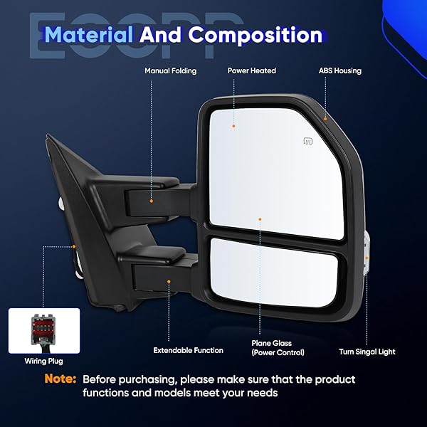 ECCPP TOWING MIRRORS FIT FOR 2015-2020 FOR FORD FOR F150 PICKUP TRUCK POWER ADJUSTED HEATED TURN SIGNAL LIGHT TEMPERATURE SENSOR BLACK CAP HOUSING A PAIR DRIVER AND PASSENGER SIDE