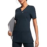 POPVIOLET Scrubs for Women V-Neck Short Sleeve Stretch Medical Scrub Shirts with 4 Pockets Slim Fit Top