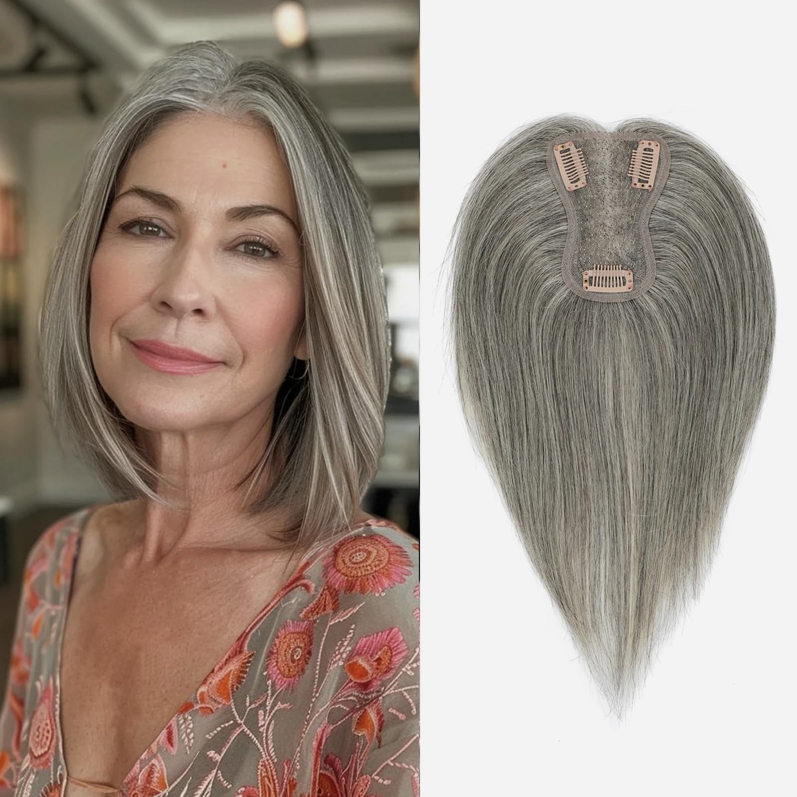 Hair Toppers for Women 10 Inch Hair Toppers for Women Upgrade Swiss Base Hairpieces for Hairloss (Mixed Light Grey) — image 1