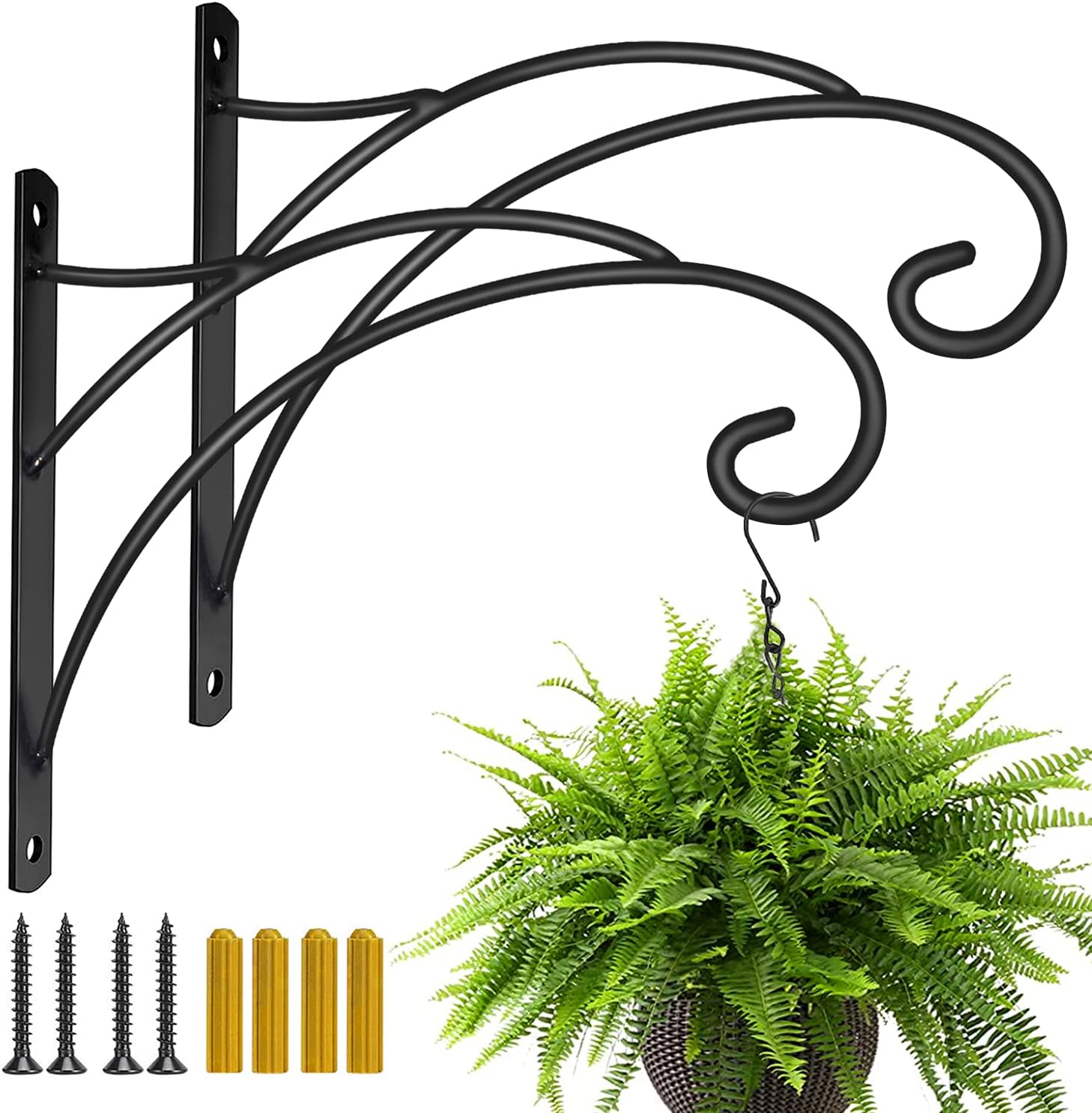 Outdoor Hanging Brackets - Hanging Plant Brackets, Pack of 2 Iron Hanging Basket Bracket Durable Weather-Resistant Outdoor Plant Hooks for Hanging Plant Lantern Windchime Birdhouse Metal Sign Fruit Bracket, Screw Included
