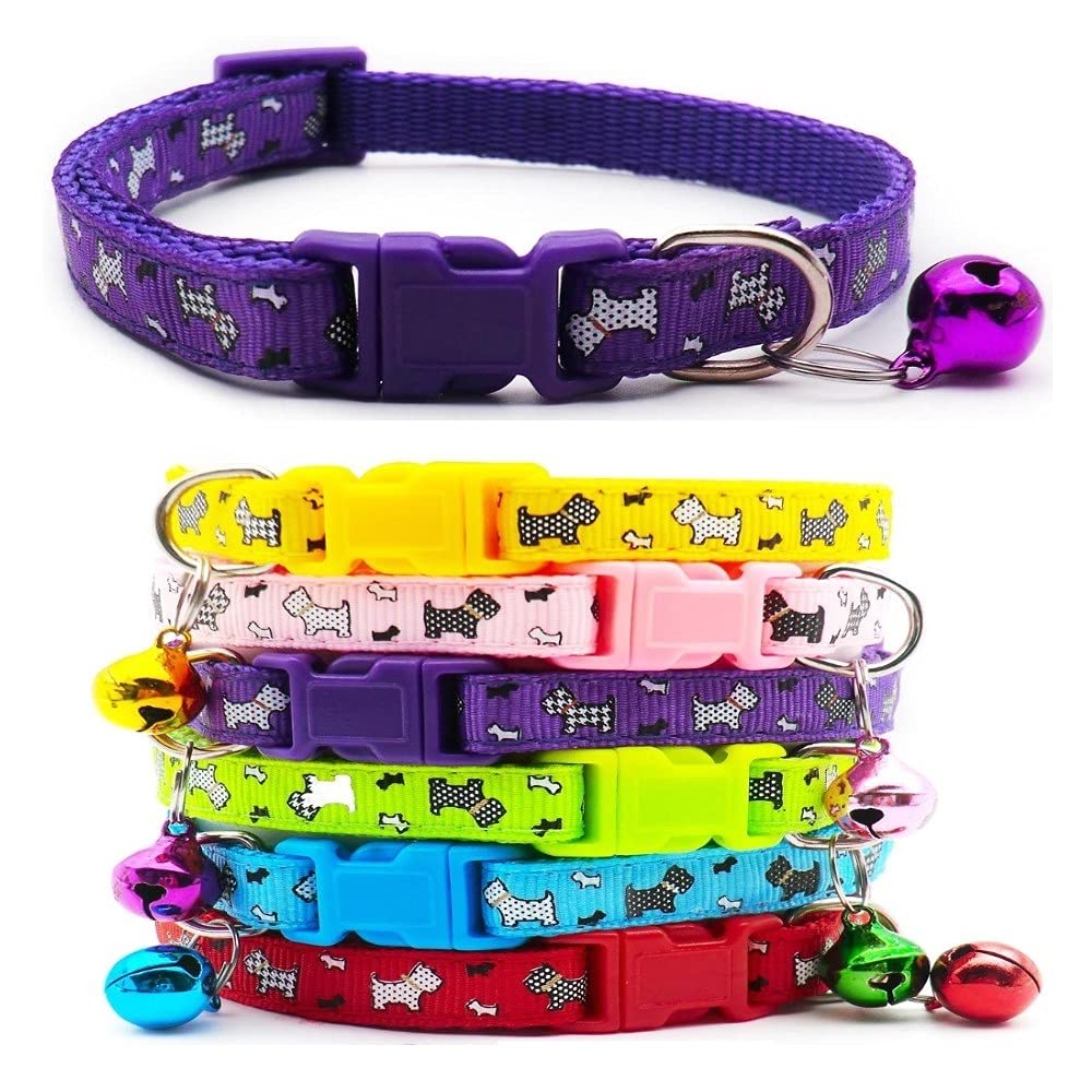 Small Dog Puppy Pet Collar Scotty Dogprint Design with Bell Nylon Adjustable Size 19-32cm Purple