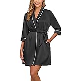 Veseacky Satin Robes for Women Knee Length Bathrobe Lightweight Robe Soft Sleepwear V-neck Casual Ladies Loungewear