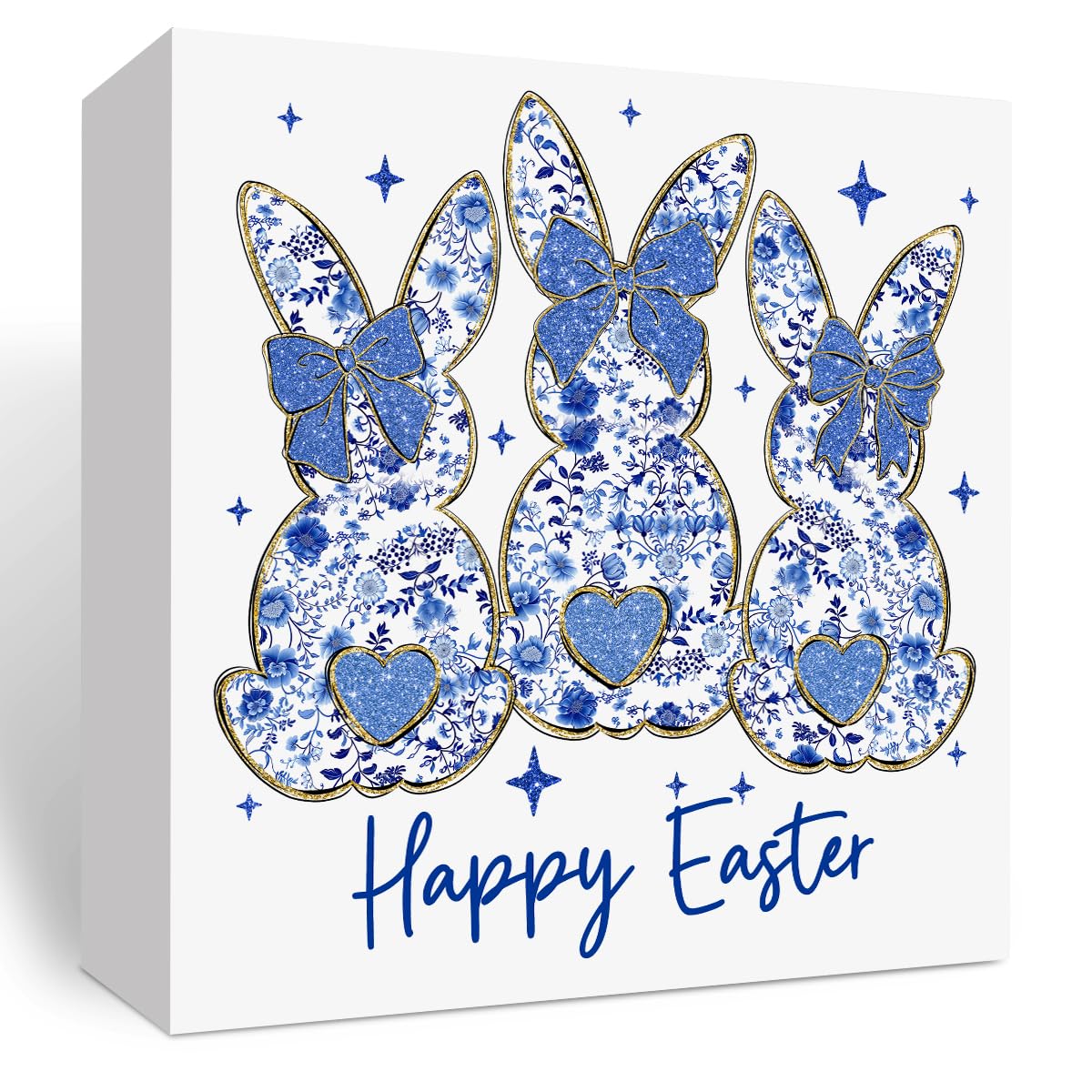 Easter Bunny Decor, Blue Floral Chinoiserie Easter Decoration, Grand Millennial Happy Eggs Decoration, Wooden Box for Farmhouse Home Bedroom Living Room Desk Shelf Tabletop Office