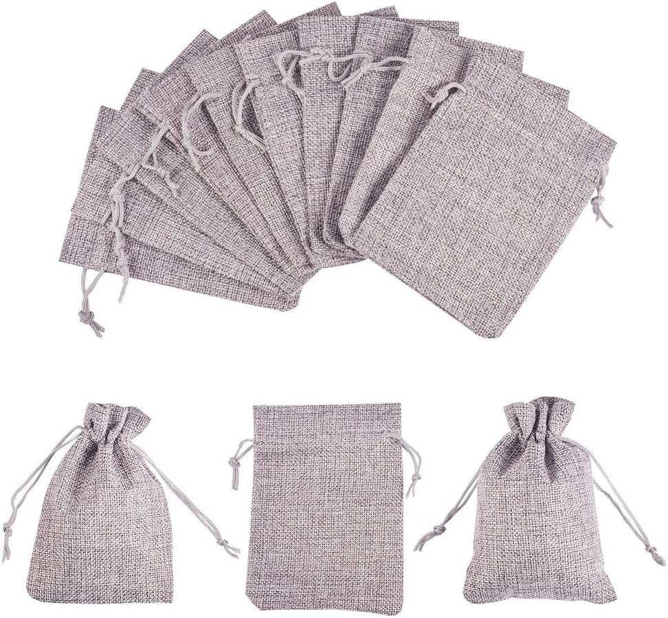 NBEADS 50 Pcs Burlap Gift Bags with Drawstring Wedding Jute Sacks Jewelry Pouches for Wedding Party and Diy Craft Gray