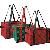 Earthwise Deluxe Collapsible Reusable Shopping Box Grocery Bag Set with Reinforced Bottom Plaid Holiday Xmas Christmas Design Storage Boxes Bins Cubes (Set of 3) (Holiday)