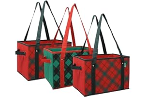 Earthwise Deluxe Collapsible Reusable Shopping Box Grocery Bag Set with Reinforced Bottom Plaid Holiday Xmas Christmas Design