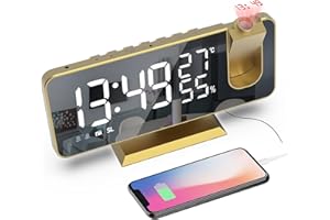 Mightree Projection Alarm Clock for Bedroom, Digital Alarm Clock with USB Charger, 7.4" Large LED Mirror Display Radio Alarm Clock, Dual Smart Alarm with Projection on Ceiling, Rich Gold