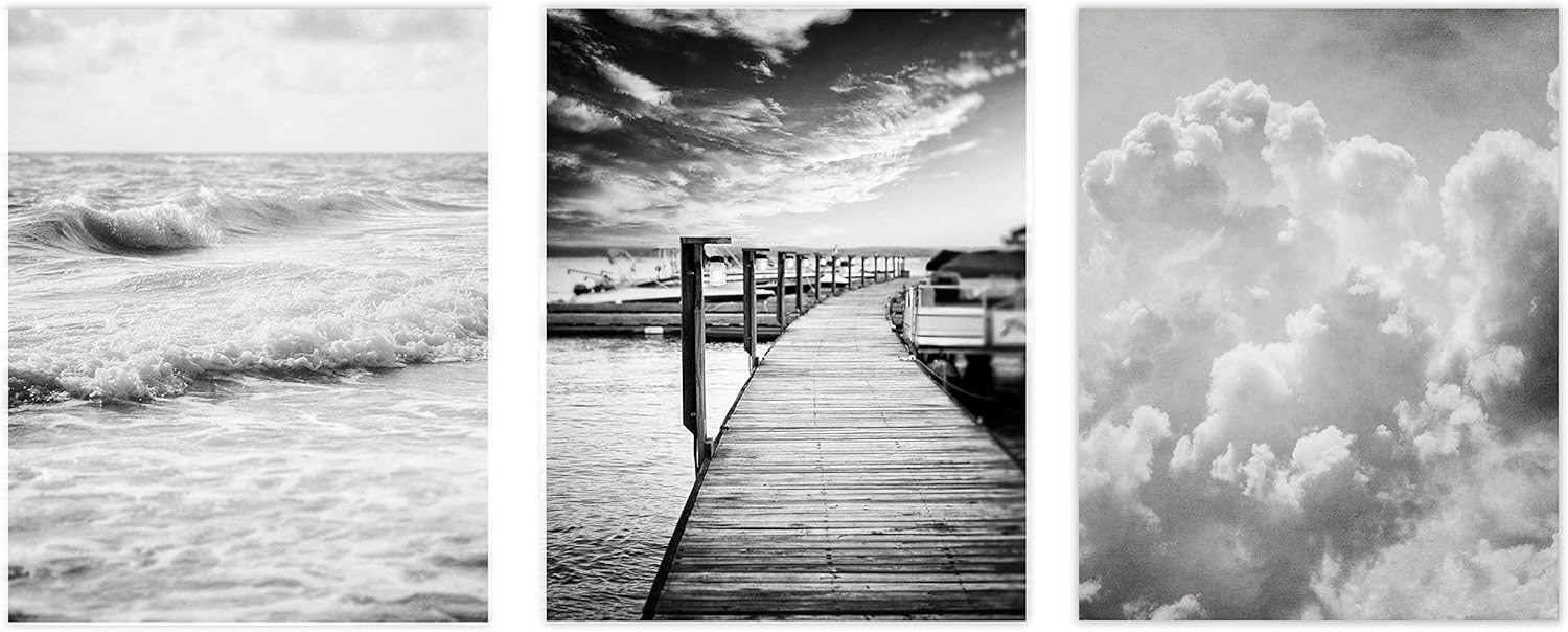 Photographs - LISA RUSSO FINE ART Black and White Wall Art Set of 3 5x7” Prints, Unframed, Black and White Minimalist Ocean, Clouds, Nautical Pictures for Office, Bedroom, Bathroom Walls