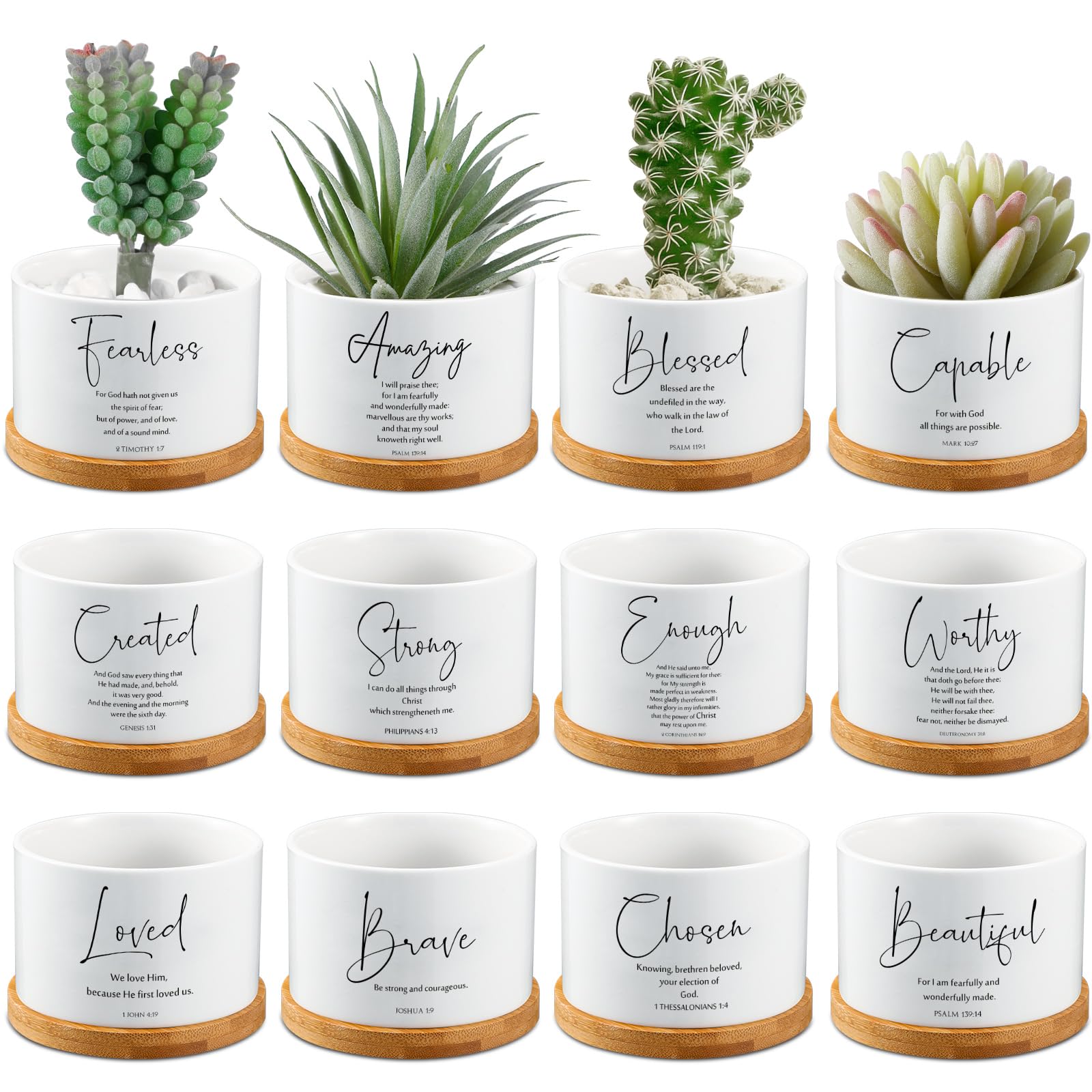 Photo 1 of Fumete 12 Pcs Bible Verse Succulent Pots with Bamboo Tray Drainage 3.15 Inch Mini Ceramic Flower Planter Pot Christian Gifts for Women Sunday School Teacher Church Plants Not Included(Special Style)