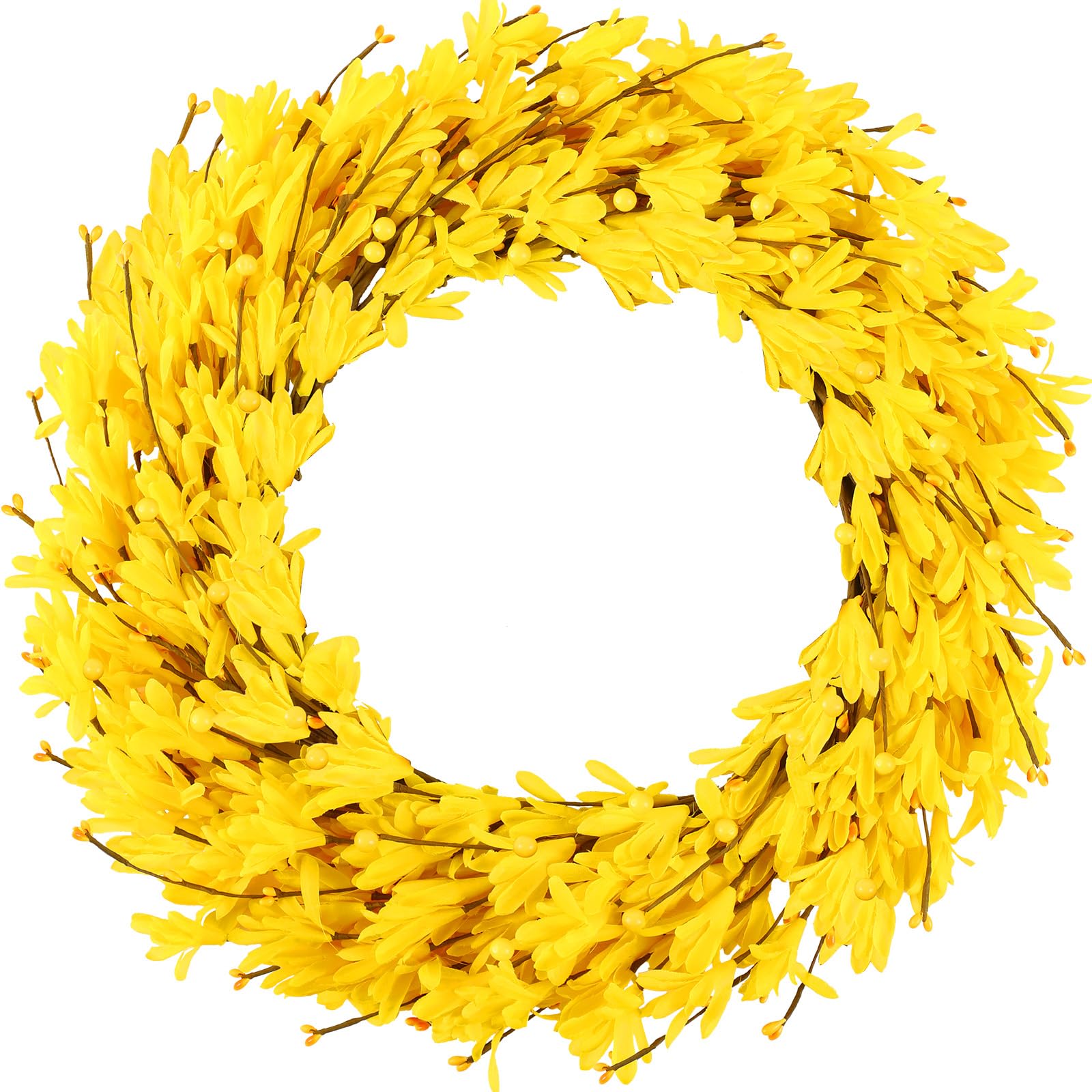 Photo 1 of Ureymx 20'' Artificial Forsythia Wreath Spring Summer Fall Winter Wreaths for Front Door with Berries Silk Leaves Wreath for Porch Farmhouse Patio Garden Wall Window Indoor Outdoor Home Decor (Yellow)