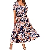 CARCOS Plus Size Dresses for Curvy Women Off Shoulder Square Neck Puff Sleeve Smocked Maxi Summer Dresses with Pocket XL-5XL