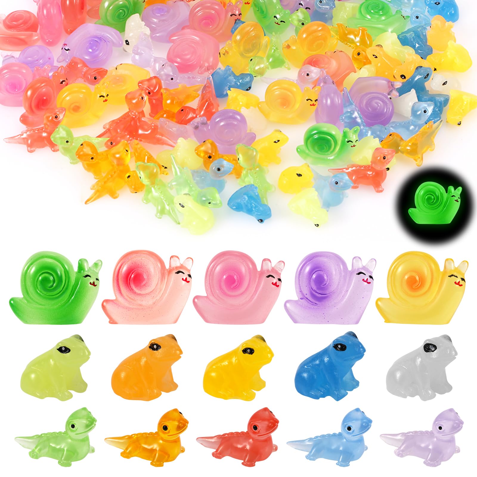 NQEUEPN 120pcs Mini Resin Animals, 3 Types Mini Glow Miniature Statue Cute Snail Lizard Frog Miniature Garden Decor Tiny Animals Figures for DIY Crafts Miniature Landscape Dollhouse Decoration