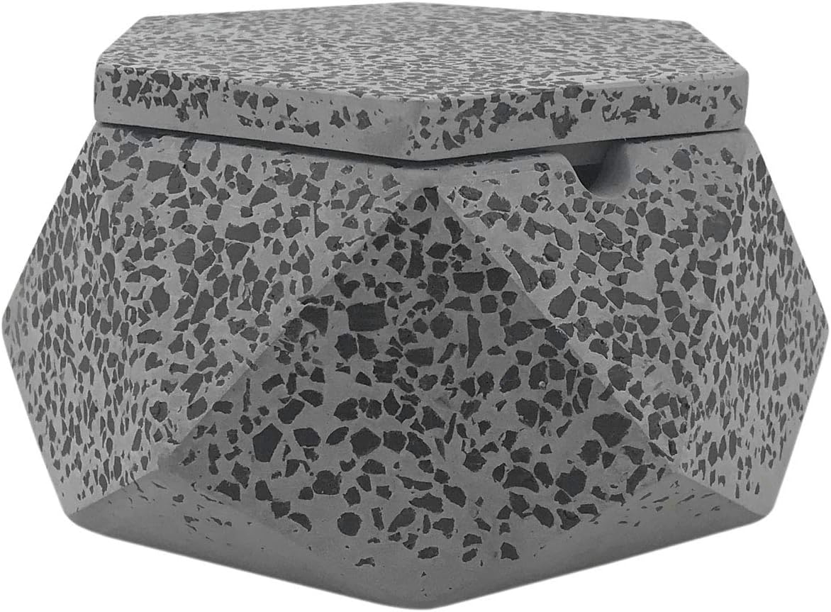 FREELOVE JINC Terrazzo Cigarette Ashtray with Lid, Windproof Cement Ash Tray for Indoor or Outdoor Use, Patio, Office & Home(Grey J)
