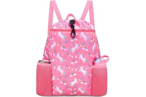 RHCPFOVR Unicorn Swim Bag for Girls - Drawstring Backpack for Kids Swim Bag for Beach Swimming Pool Lightweight Draw String Bags Waterproof Sports Gym Bag With Two Water Bottle Holder