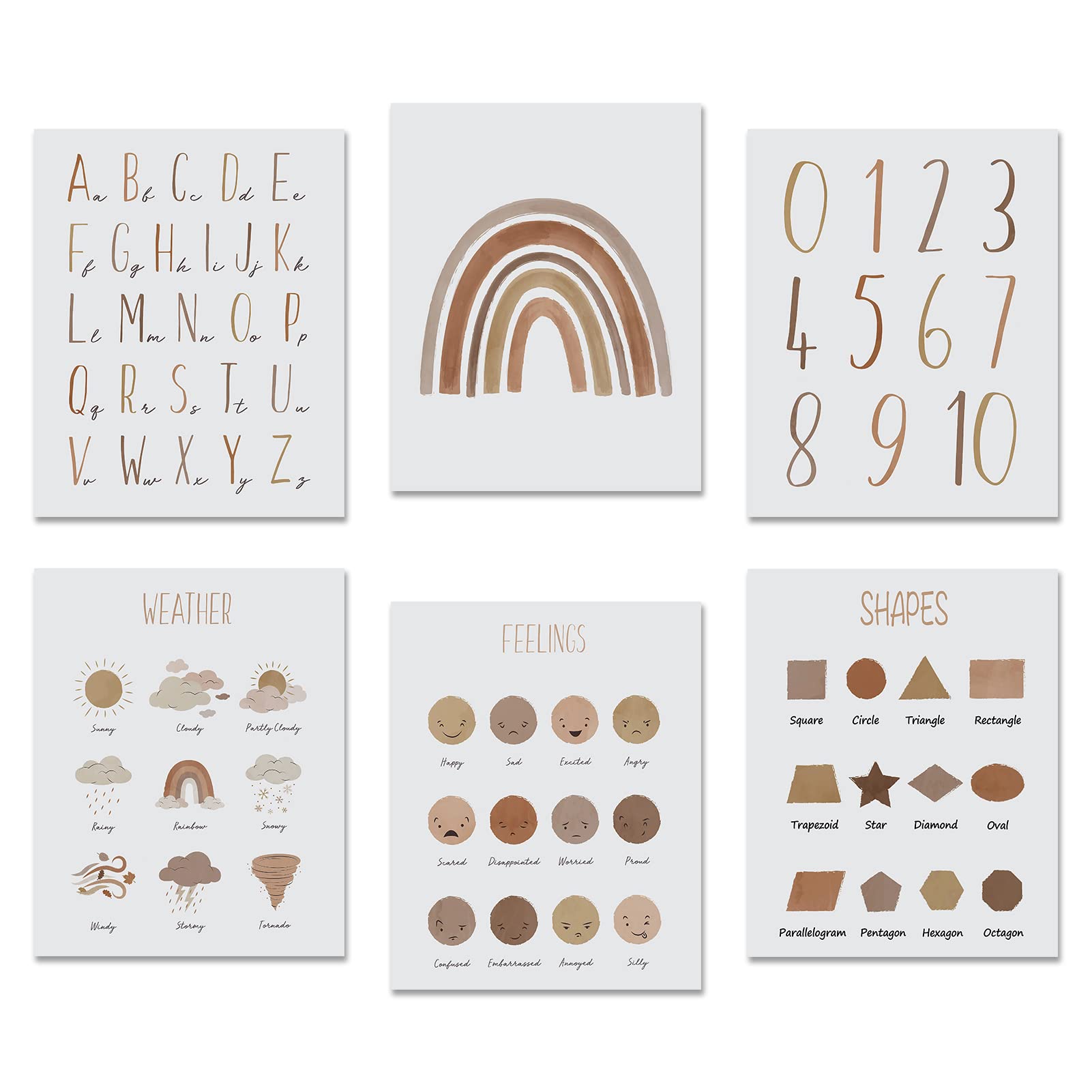 LIYAOLI Alphabet Poster for Toddlers Kids Wall Art Print Cute Numbers ABC Weather Set of 6 Unframed Wall Art Poster 11 x 14 inch,Playroom Decor Nursery Prints Boho Classroom Decor