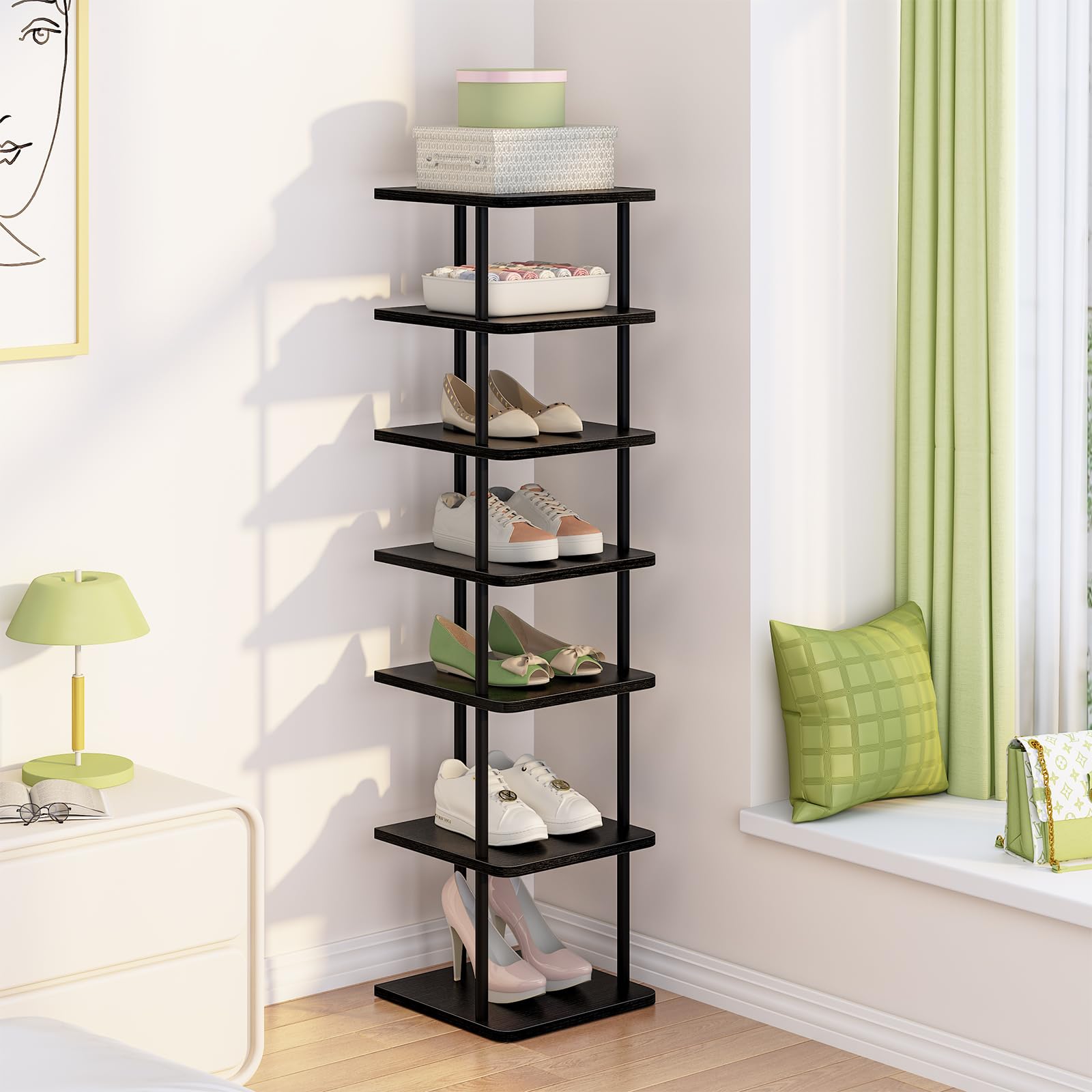 Huhote Shoe Rack Organizer, Shoe Stand, 7 Tier Narrow ShoeShelf, Metal ShoeTower, ShoeRack for Closet, Hallway, Entryway, Front Door, Small Spaces, Black