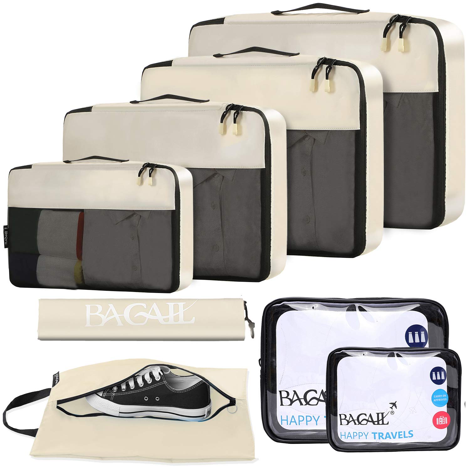 Photo 1 of BAGAIL 8 Set/9 Set Packing Cubes Luggage Packing Organizer for Travel, Suitcase Packing Bags for Travel Accessories(Beige, 8 Set)