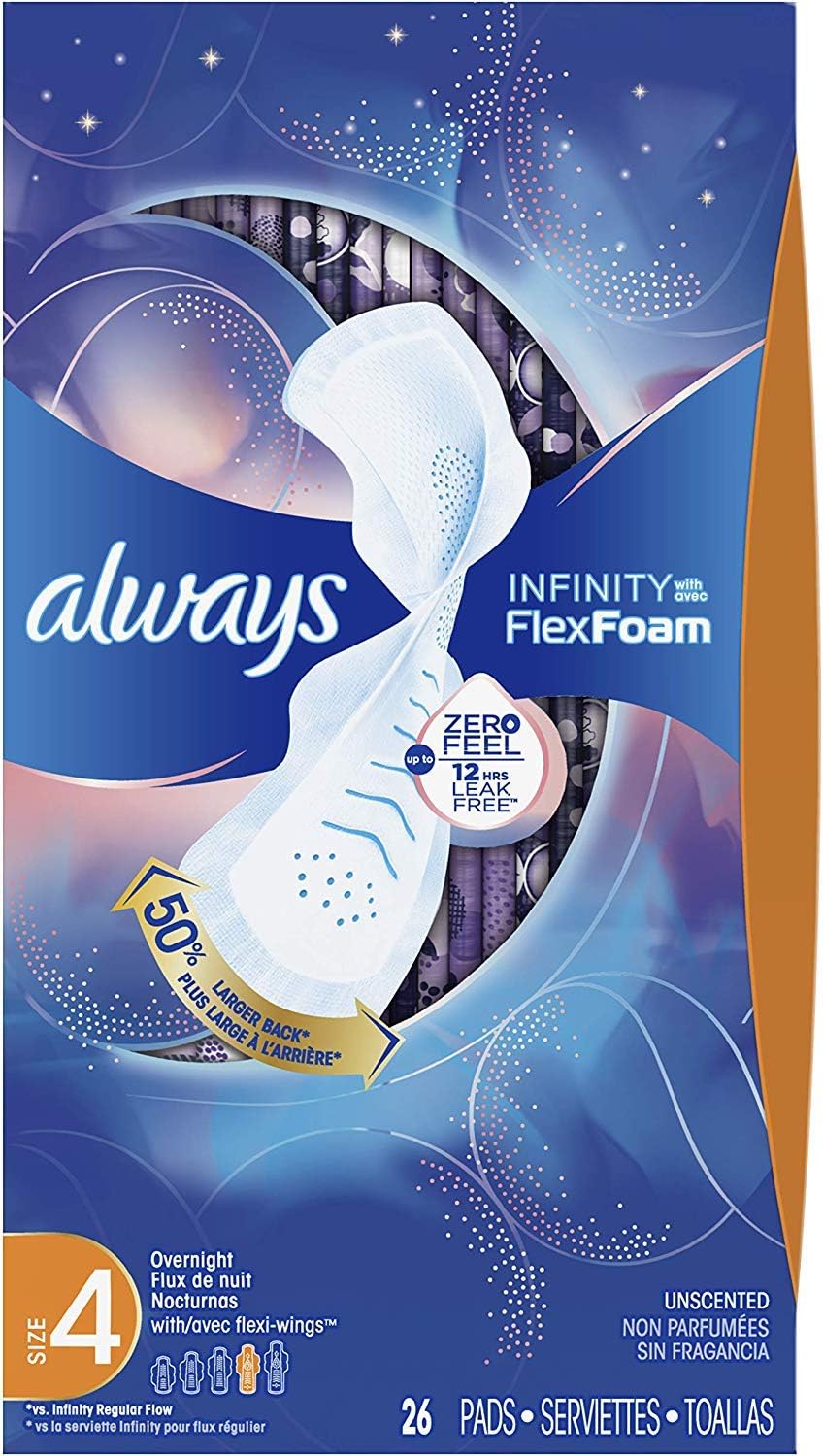 Always Infinity Feminine Pads for Women, Size 4, Overnight Absorbency, with Wings, Unscented, 26 Count (Pack of 3): Health & Personal Care