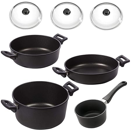 Eurolux Topfset Aluguss beschichtet 7-teilig Bratentopf Kochtopf Kasserolle Stieltopf PFOA frei inkl. Glasdeckel