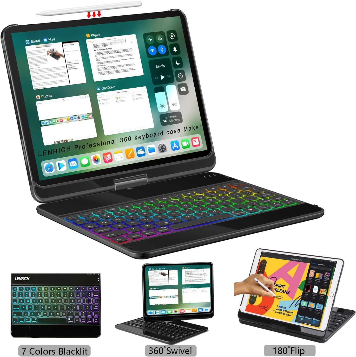 LENRICH iPad Pro 11 2018 1st case Keyboard Backlit,7 Color Backlight 360 rotatable Wireless Folio 180 Flip Swivel Smart Cover Hard Shell Stand Auto Sleep/Wake up