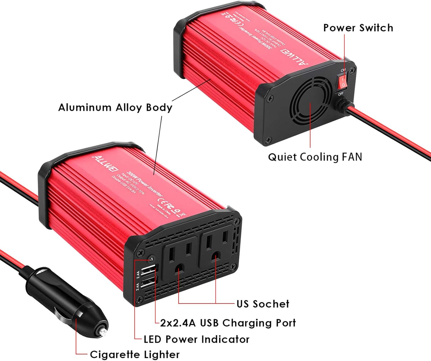 300W Car Power Inverter DC 12V to 110V AC Converter 4.8A Dual USB Charging Ports Car Charger Adapter: Automotive