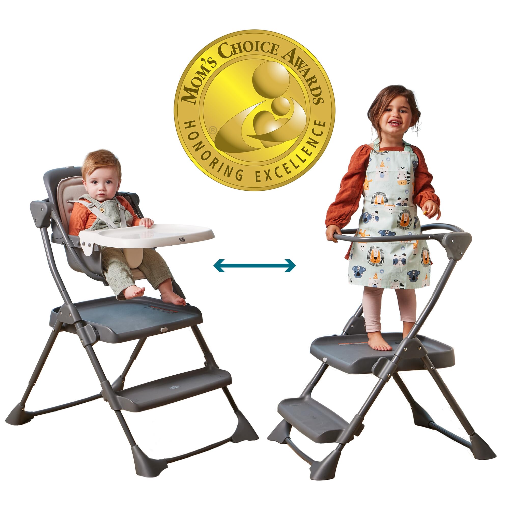 The First Years Foldable Toddler Tower and High Chair - 2-in-1 Baby High Chair and Toddler Step Stool - Adjustable Grow with Me Height - Folds Flat & Easy to Clean - Kids Stool with Non-Slip Surface