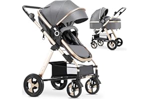 Blahoo Baby Stroller for Newborn, 2 in1 High Landscape Stroller, Foldable Aluminum Alloy Pushchair with Adjustable Backrest.Adjustable Awning, Variable Seat and Recliner（Coffee